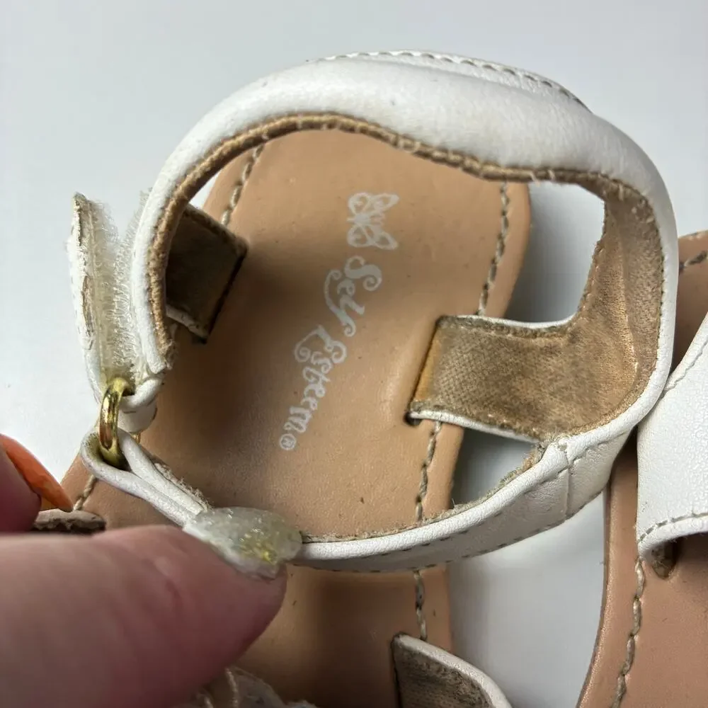 Self Esteem Baby Girls Size 6 White Walking Sandals Holographic Butterflies